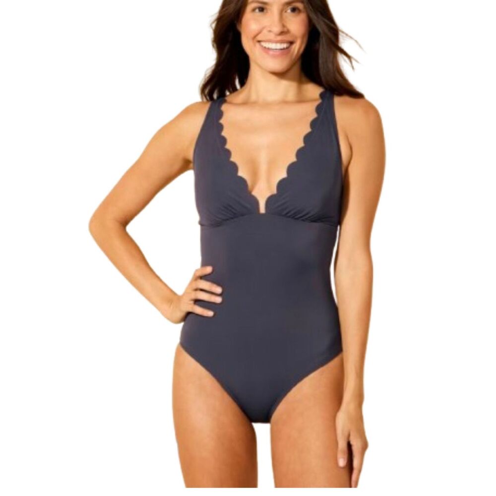 Shade & Shore Scallop Edge Tummy Control Gray One Piece Swimsuit Size L Long